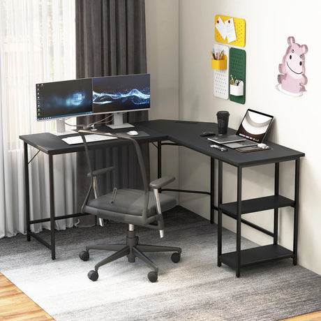 L-Shaped Desk with 2-Tier Storage Shelf for Home-Black