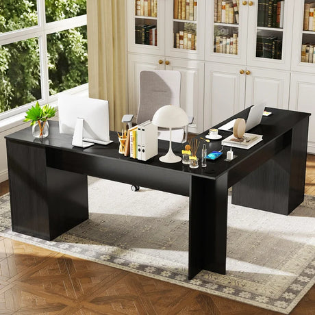 L-shaped Computer Desk with Power Outlets and 2 Storage Drawers-Black
