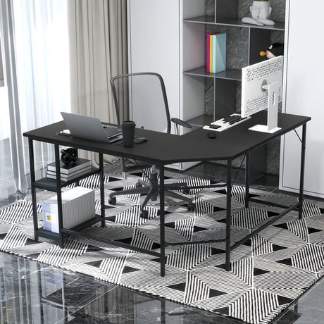 L-Shaped Desk with 2-Tier Storage Shelf for Home-Black