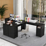 L-shaped Computer Desk with Power Outlets and 2 Storage Drawers-Black