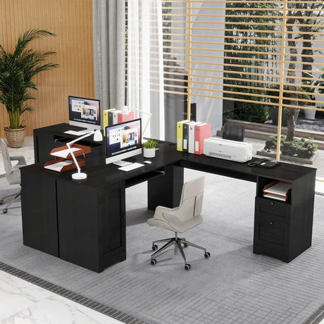 L-shaped Computer Desk with Power Outlets and 2 Storage Drawers-Black