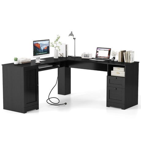 L-shaped Computer Desk with Power Outlets and 2 Storage Drawers-Black
