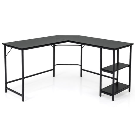 L-Shaped Desk with 2-Tier Storage Shelf for Home-Black