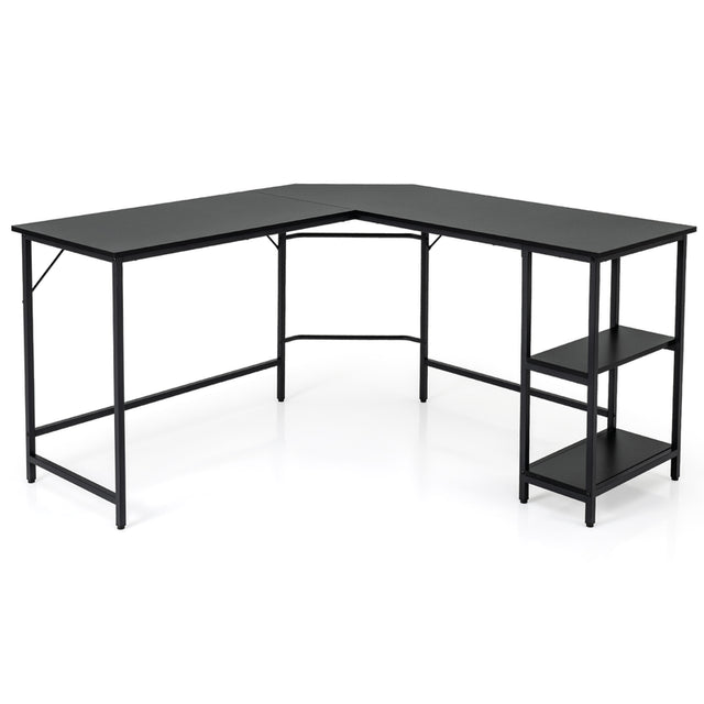L-Shaped Desk with 2-Tier Storage Shelf for Home-Black