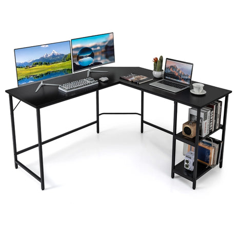 L-Shaped Desk with 2-Tier Storage Shelf for Home-Black