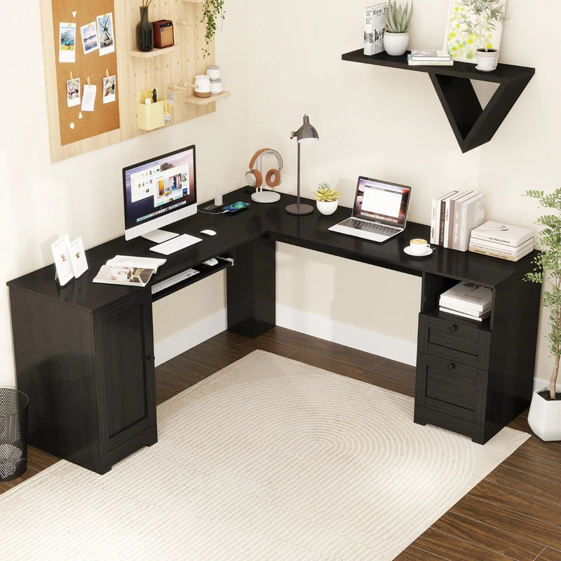 L-shaped Computer Desk with Power Outlets and 2 Storage Drawers-Black