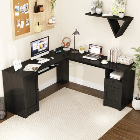 L-shaped Computer Desk with Power Outlets and 2 Storage Drawers-Black