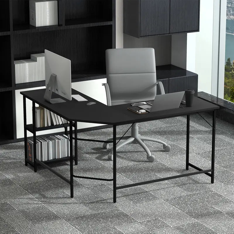 L-Shaped Desk with 2-Tier Storage Shelf for Home-Black