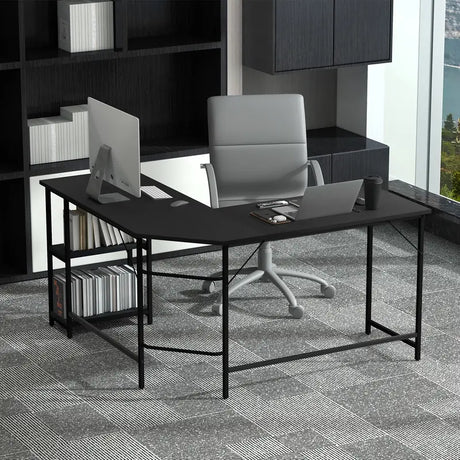 L-Shaped Desk with 2-Tier Storage Shelf for Home-Black