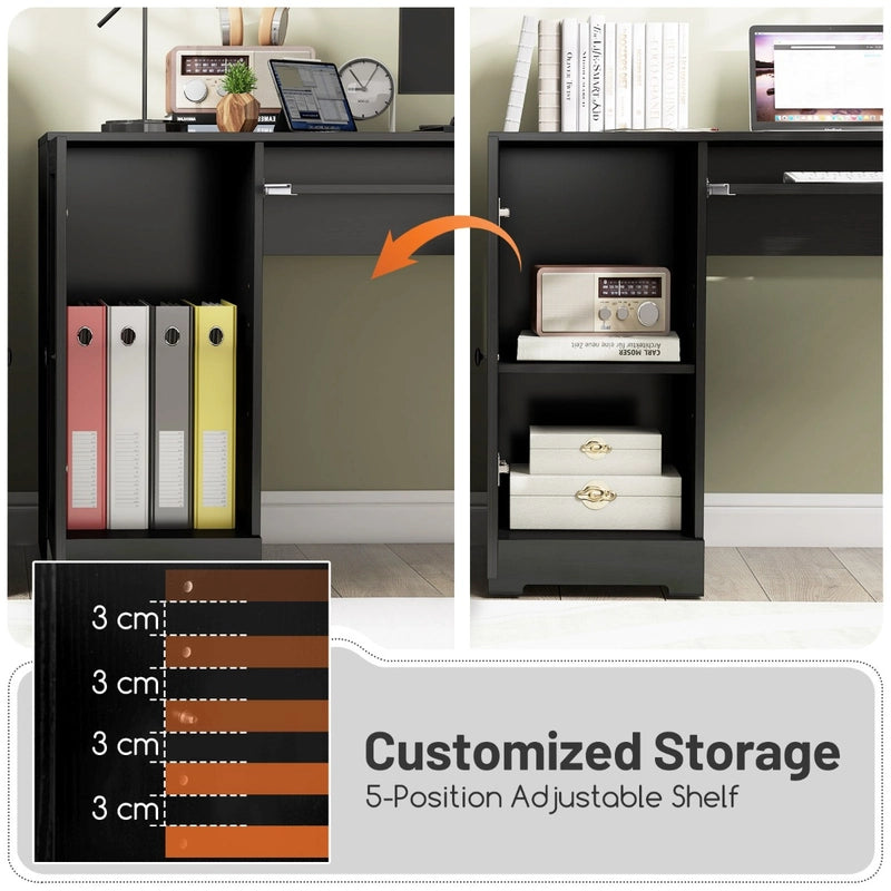 L-shaped Computer Desk with Power Outlets and 2 Storage Drawers-Black