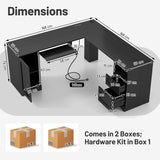 L-shaped Computer Desk with Power Outlets and 2 Storage Drawers-Black