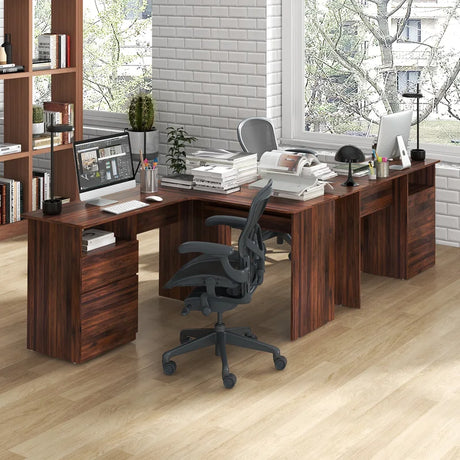 L-Shaped Computer Desk with Letter File Drawer-Walnut