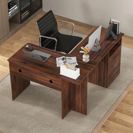 L-Shaped Computer Desk with Letter File Drawer-Walnut