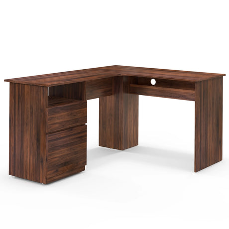 L-Shaped Computer Desk with Letter File Drawer-Walnut