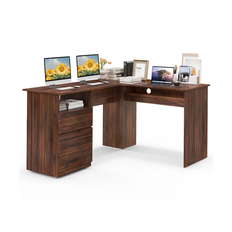 L-Shaped Computer Desk with Letter File Drawer-Walnut