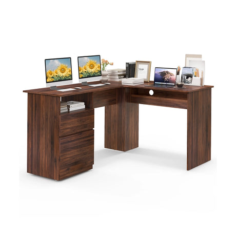 L-Shaped Computer Desk with Letter File Drawer-Walnut