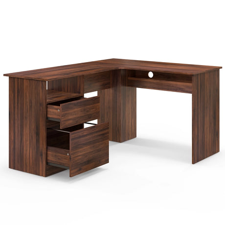 L-Shaped Computer Desk with Letter File Drawer-Walnut