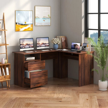L-Shaped Computer Desk with Letter File Drawer-Walnut