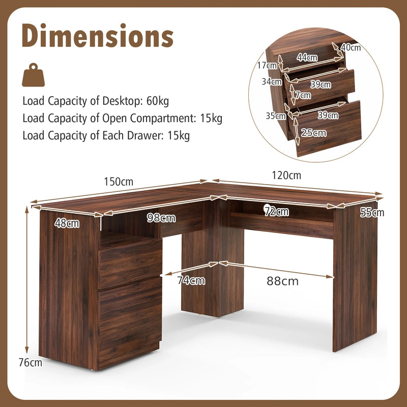 L-Shaped Computer Desk with Letter File Drawer-Walnut