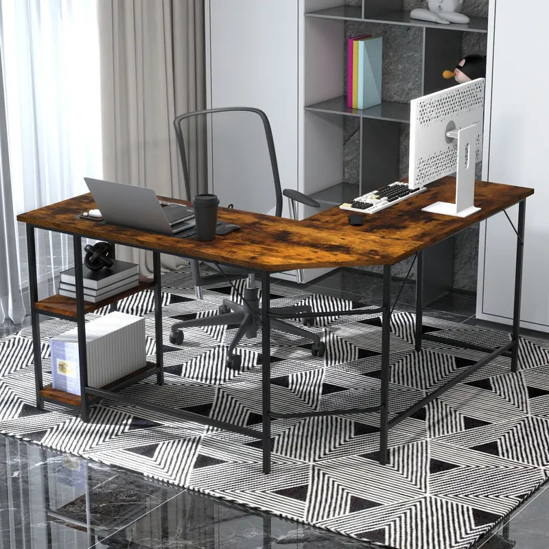 L-Shaped Desk with 2-Tier Storage Shelf for Home