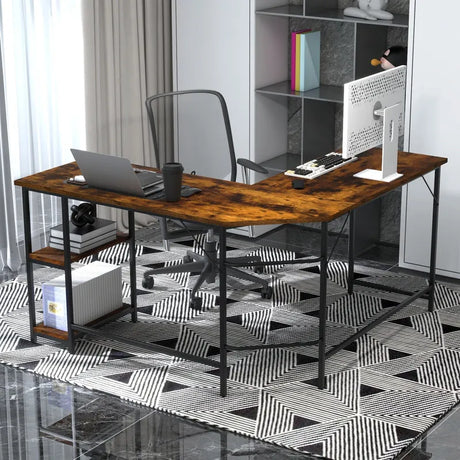 L-Shaped Desk with 2-Tier Storage Shelf for Home
