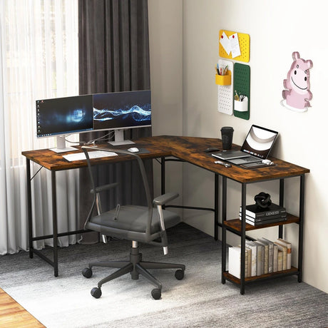L-Shaped Desk with 2-Tier Storage Shelf for Home