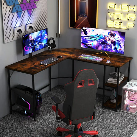 L-Shaped Desk with 2-Tier Storage Shelf for Home