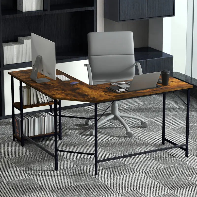 L-Shaped Desk with 2-Tier Storage Shelf for Home