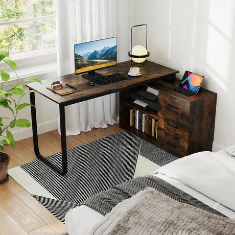 Heavy-duty L Shaped Computer Desk Corner Executive Desk with 3 Drawers-Coffee