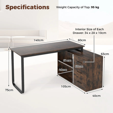 Heavy-duty L Shaped Computer Desk Corner Executive Desk with 3 Drawers-Coffee