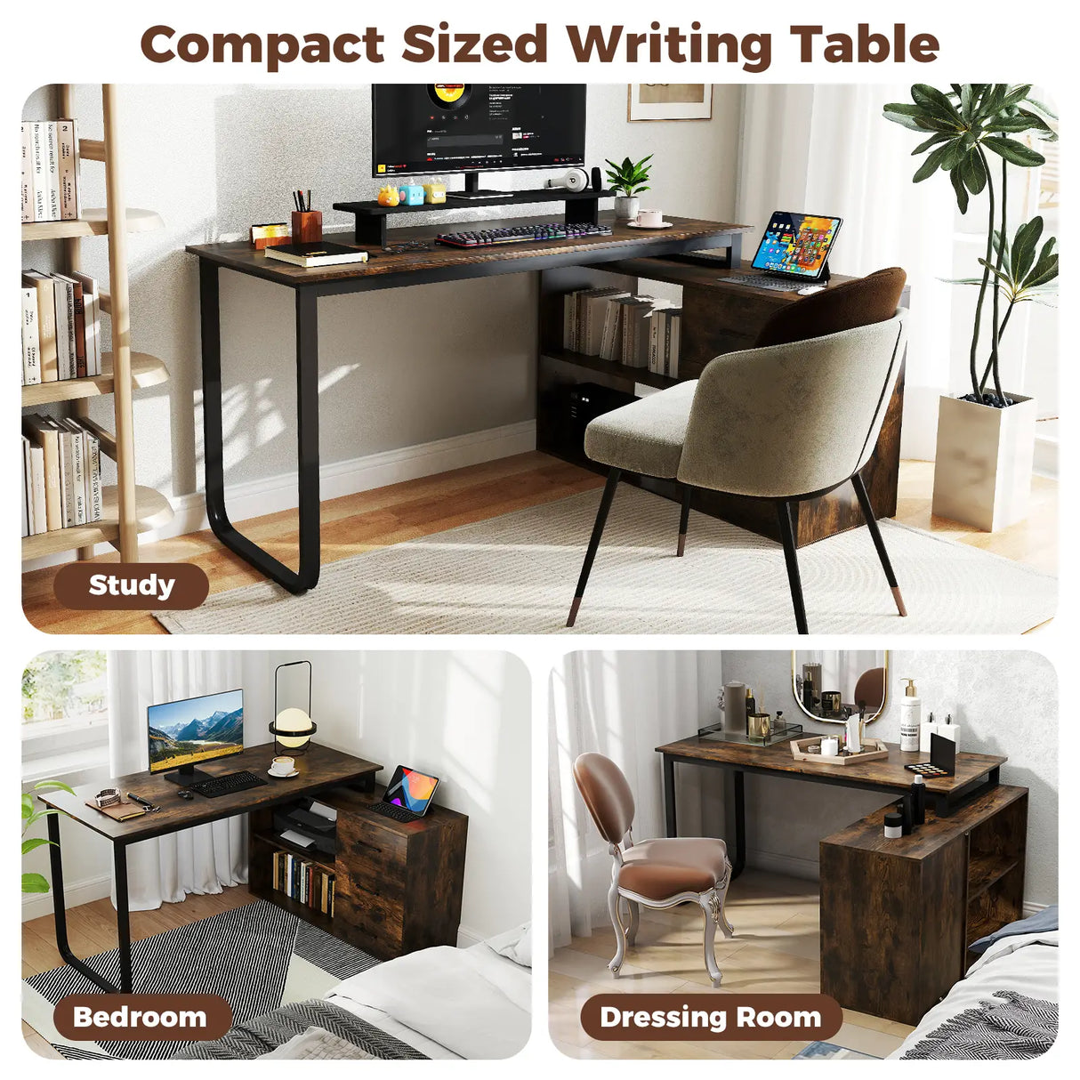 Heavy-duty L Shaped Computer Desk Corner Executive Desk with 3 Drawers-Coffee