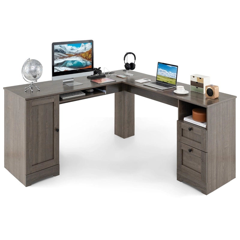 L-shaped Computer Desk with Power Outlets and 2 Storage Drawers-Grey
