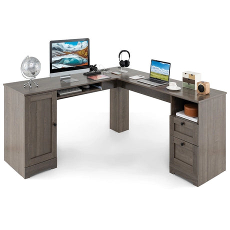 L-shaped Computer Desk with Power Outlets and 2 Storage Drawers-Grey