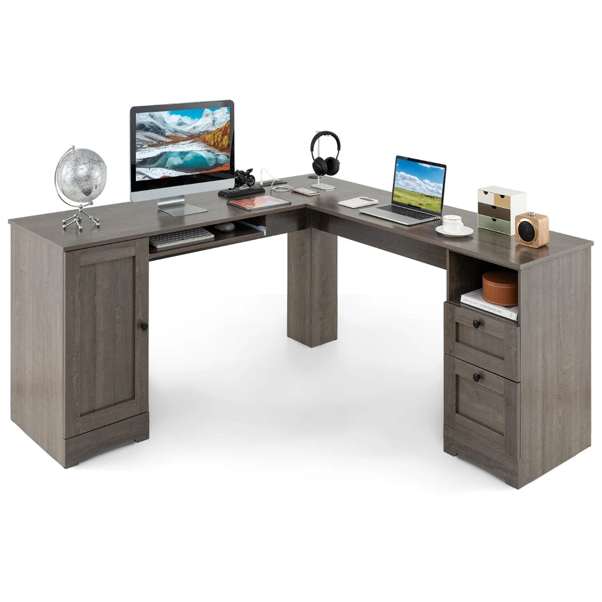 L-shaped Computer Desk with Power Outlets and 2 Storage Drawers-Grey
