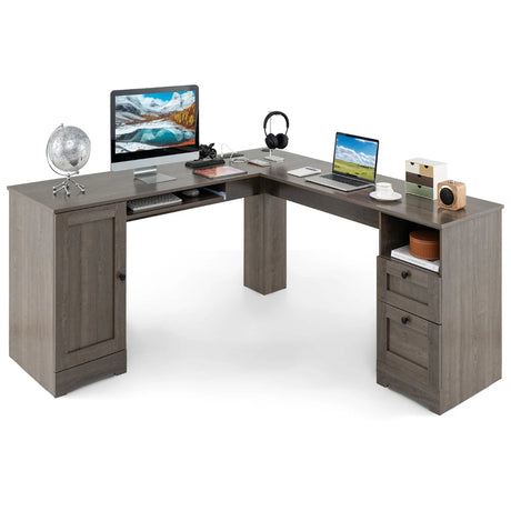 L-shaped Computer Desk with Power Outlets and 2 Storage Drawers-Grey