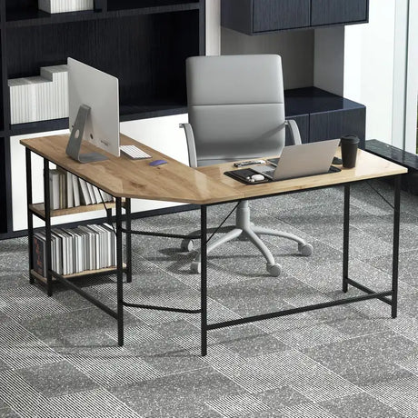 L-Shaped Desk with 2-Tier Storage Shelf for Home-Rustic Brown