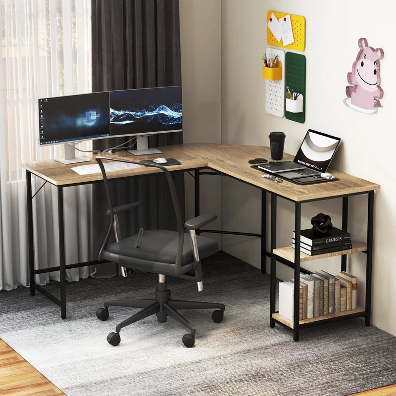 L-Shaped Desk with 2-Tier Storage Shelf for Home-Rustic Brown