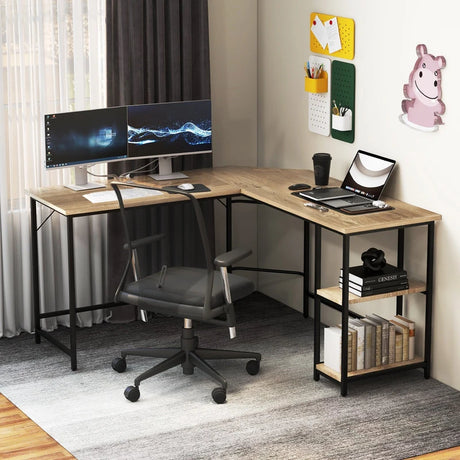 L-Shaped Desk with 2-Tier Storage Shelf for Home-Rustic Brown