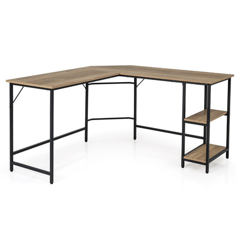 L-Shaped Desk with 2-Tier Storage Shelf for Home-Rustic Brown