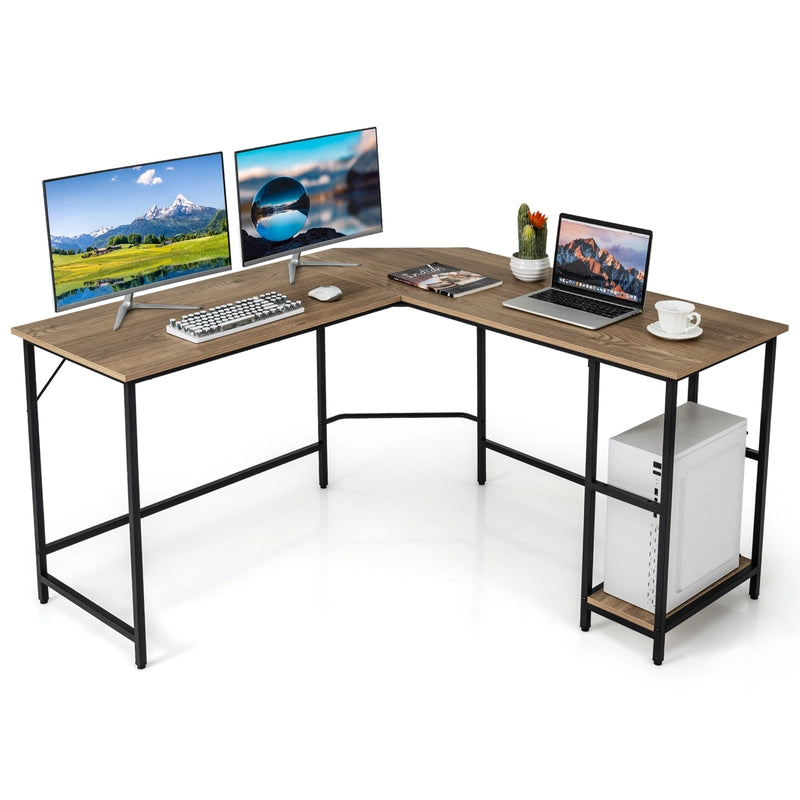 L-Shaped Desk with 2-Tier Storage Shelf for Home-Rustic Brown