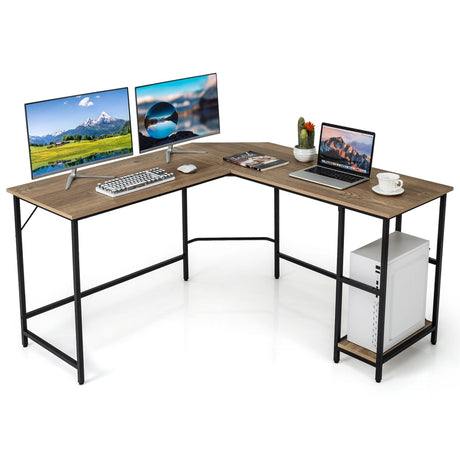 L-Shaped Desk with 2-Tier Storage Shelf for Home-Rustic Brown