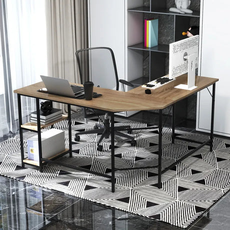L-Shaped Desk with 2-Tier Storage Shelf for Home-Rustic Brown