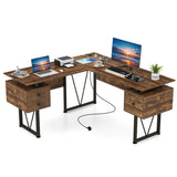 L-shaped Computer Desk with Power Outlets 3 Storage Drawers-Rustic Brown