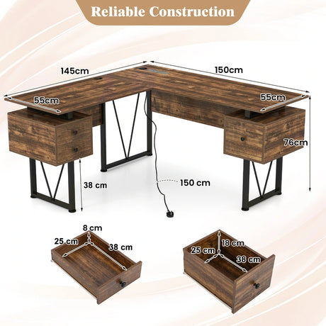 L-shaped Computer Desk with Power Outlets 3 Storage Drawers-Rustic Brown