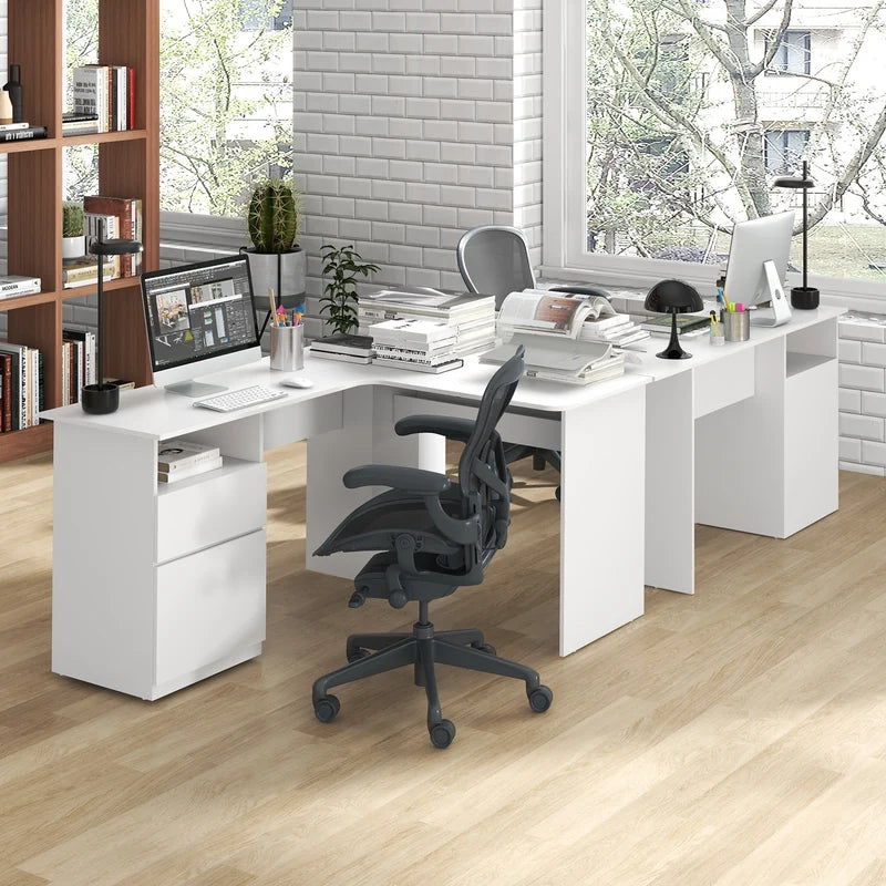 L-Shaped Computer Desk with Letter File Drawer-White