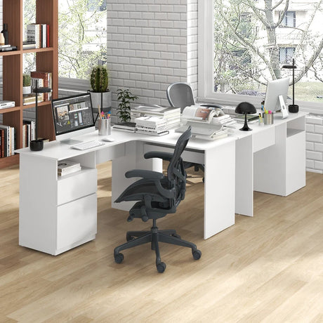 L-Shaped Computer Desk with Letter File Drawer-White