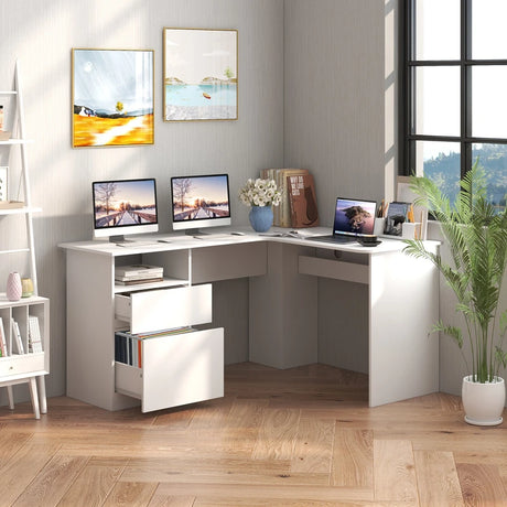 L-Shaped Computer Desk with Letter File Drawer-White