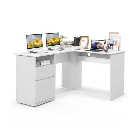 L-Shaped Computer Desk with Letter File Drawer-White