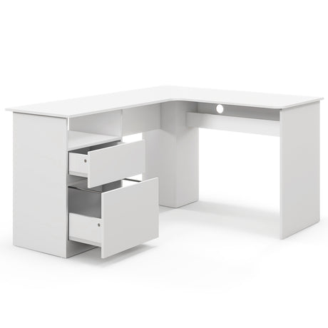 L-Shaped Computer Desk with Letter File Drawer-White