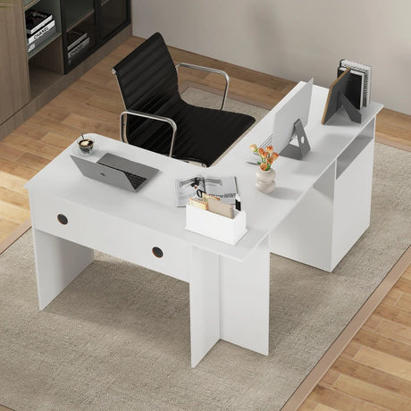 L-Shaped Computer Desk with Letter File Drawer-White